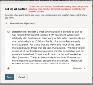 Using a conversational prompt to build a consultant timesheet submission ranking in a NetSuite AI Portlet.